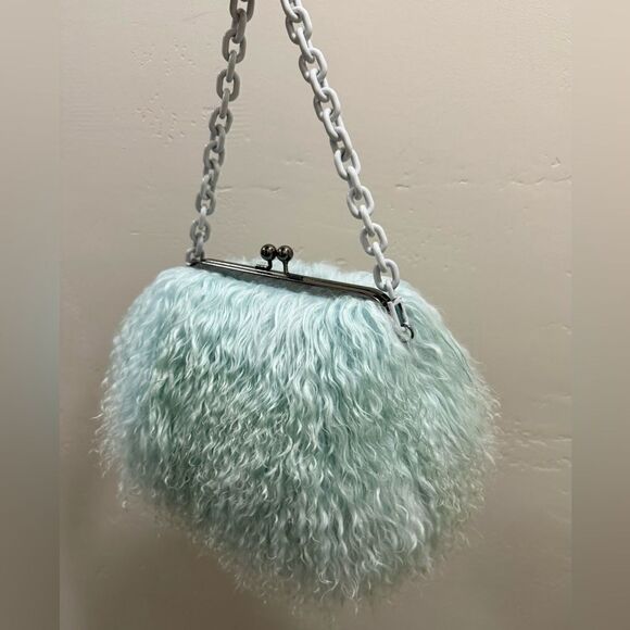 Aqua Handmade Real Mongolian Lamb Fur Kisslock Wristlet/Shoulder Bag, Crossbody - Picture 4 of 16